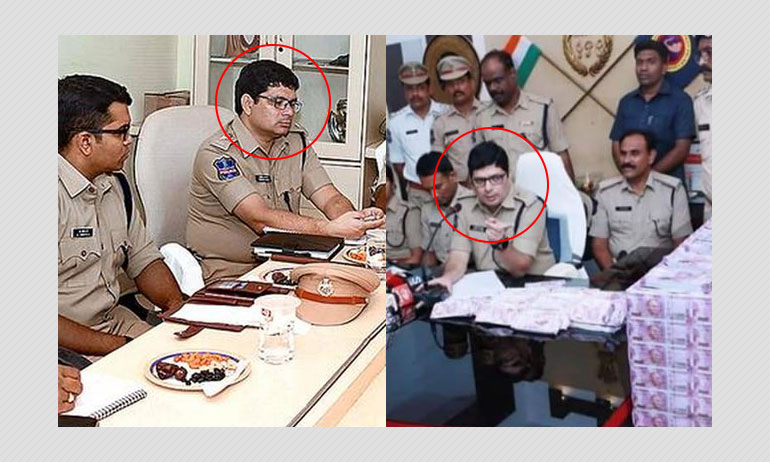 Right: Khammam Police Commissioner Tafseer Iqbal; Left: Policeman seen in the viral photo.
