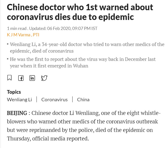 An Indian daily reporting Dr. Weliang's death at 9:07 pm, February 6.