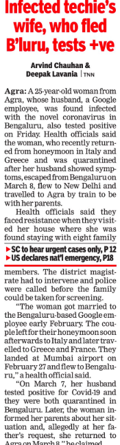 The Times Of India report wrongly accused the woman of fleeing Bangalore and escaping quarantine.