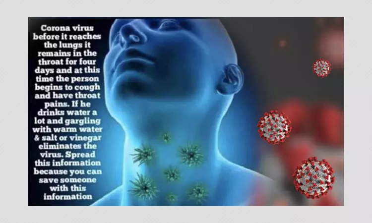 False: Salt Or Vinegar Warm Water Gargle Eliminates The Coronavirus