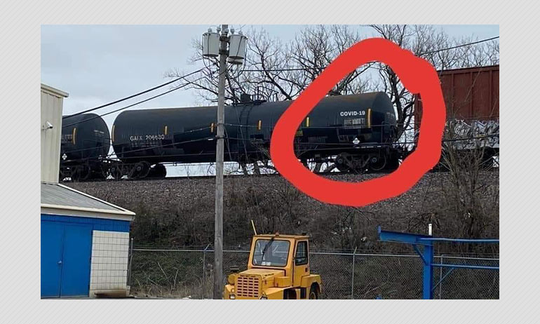 False: Rail Tanker Stamped With COVID-19 False: Rail Tanker Stamped With COVID-19