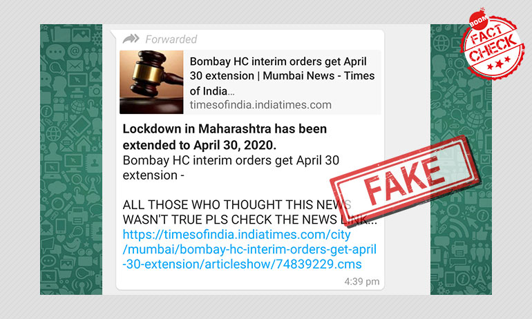 No, The Bombay HC Has Not Extended Maharashtra Lockdown Till April 30 No, The Bombay HC Has Not Extended Maharashtra Lockdown Till April 30