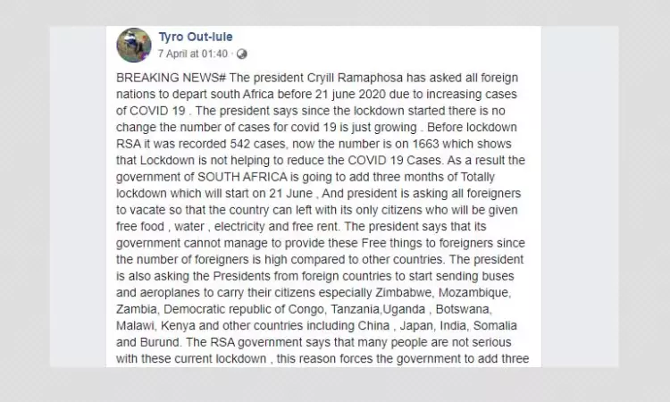 False: South African President Asked Foreigners To Leave The Country