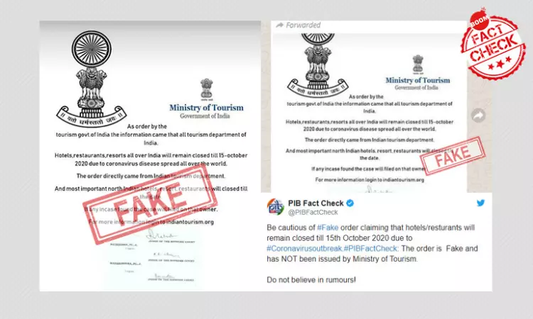 False: Tourism Ministry Announces Closure Of Hotels Till October 15