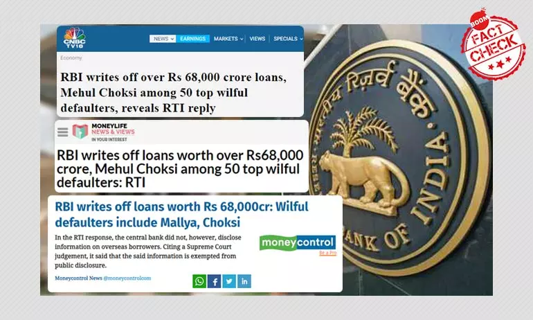 RBI Denies Reports Of Writing Off Loans Worth Rs. 68,000 Crore RBI Denies Reports Of Writing Off Loans Worth Rs. 68,000 Crore