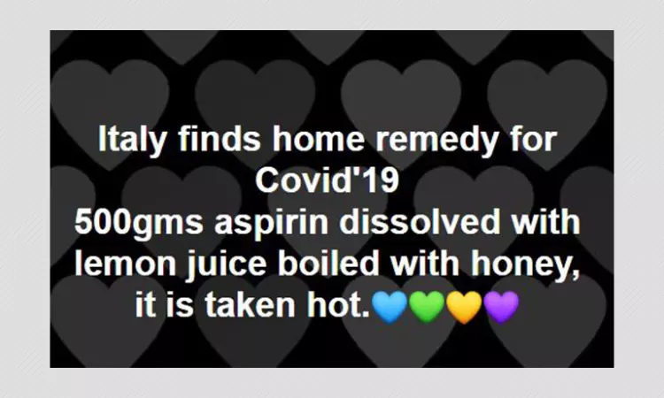No, Aspirin Mixed With Lemon Juice And Honey Will Not Cure COVID-19