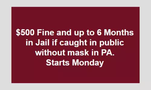 False: Pennsylvania To Impose Fine, Jail Residents Caught Without Mask
