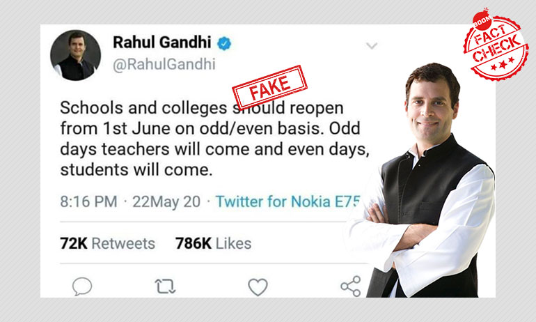 No, Rahul Gandhi Did Not Tweet An Odd-Even Plan To Reopen Schools No, Rahul Gandhi Did Not Tweet An Odd-Even Plan To Reopen Schools