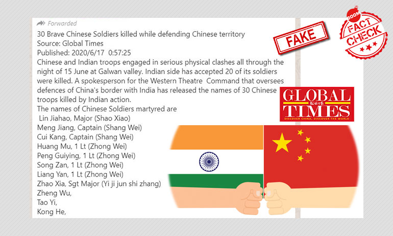 Message Claiming Global Times Reported 30 Chinese Soldiers Dead Is Fake Message Claiming Global Times Reported 30 Chinese Soldiers Dead Is Fake