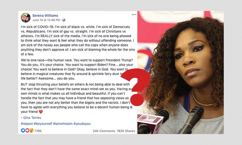 No, Serena Williams Did Not Share This Post On Racial Relations In US No, Serena Williams Did Not Share This Post On Racial Relations In US