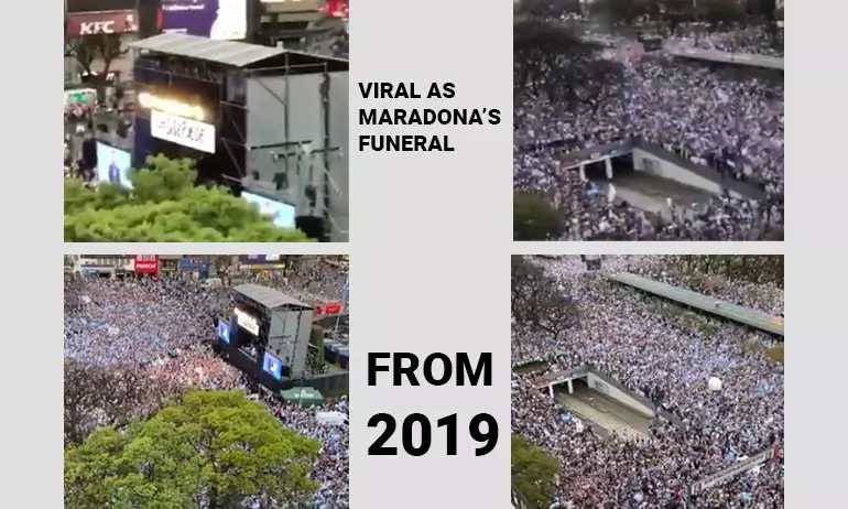 Comparison of screenshots from the video viral as Maradona's funeral and the 2019 video from Twitter