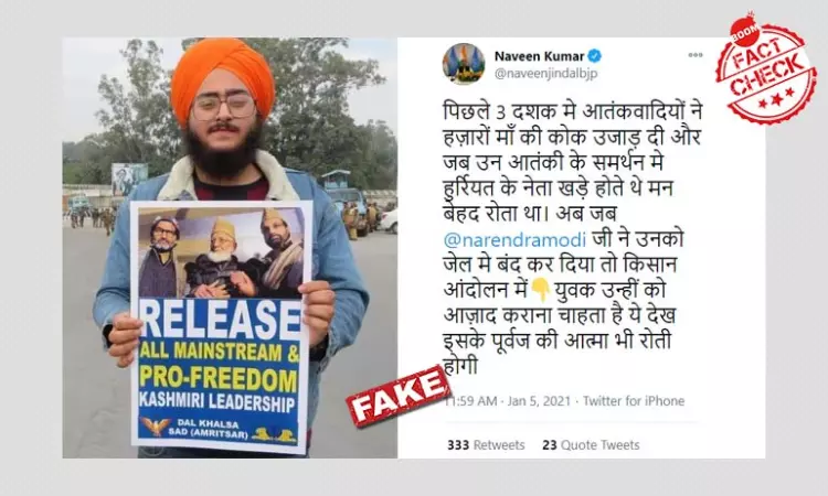 Placard Supporting Kashmiri Separatists Falsely Linked To Farmers March