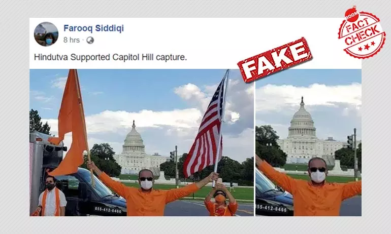 Photo Of Man With US, Saffron Flags Falsely Linked To Capitol Siege