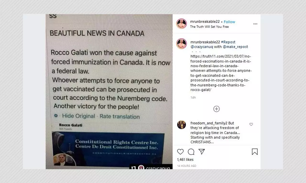 Canadian Federal Government Does Not Enforce Mandatory Vaccination