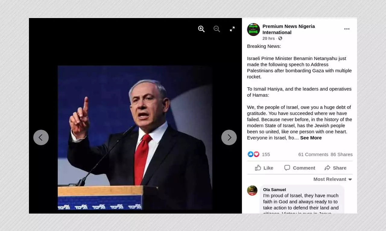 Benjamin Netanyahus Speech Thanking Hamas For Uniting Israelis Is Fake