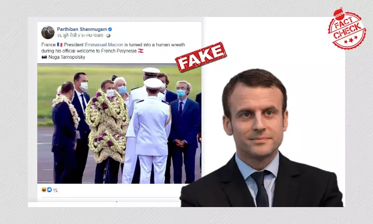 Image of France President Macron Covered In Garlands Is Morphed