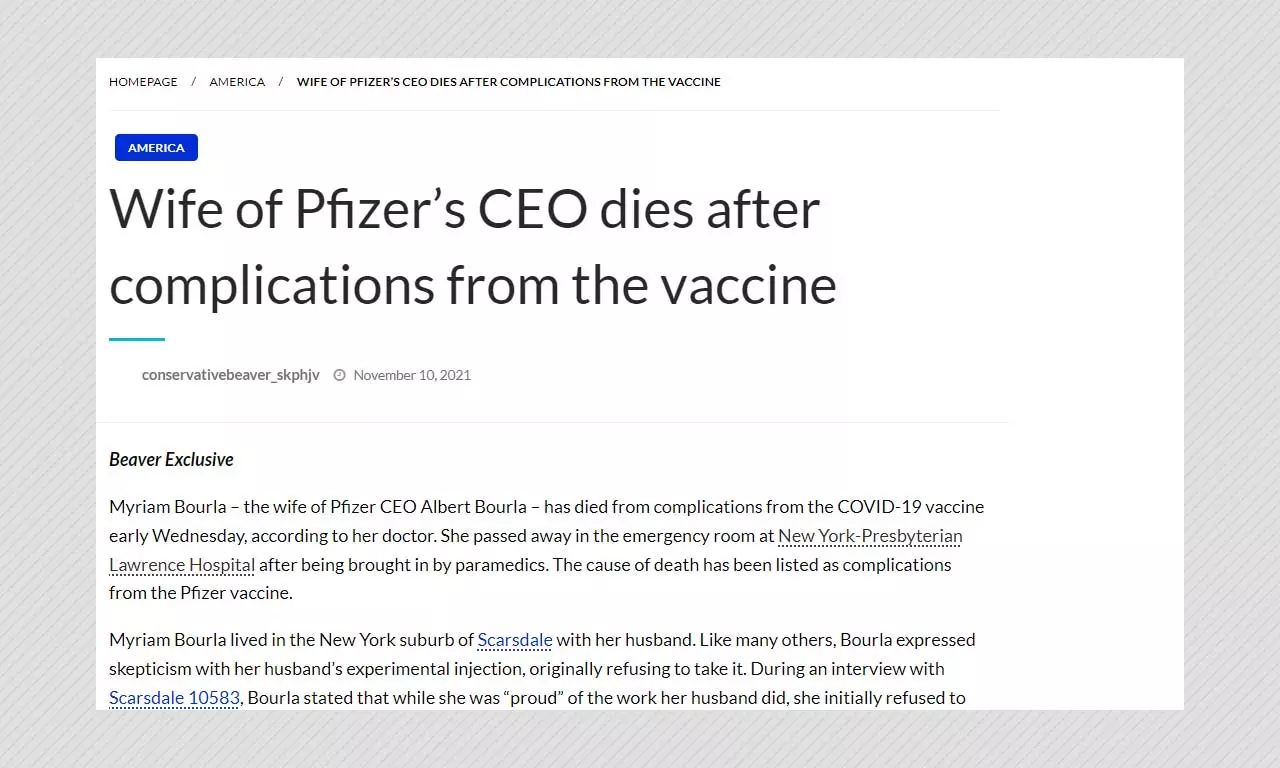 No, Pfizer CEOs Wife Has Not Died After Taking COVID-19 Vaccine