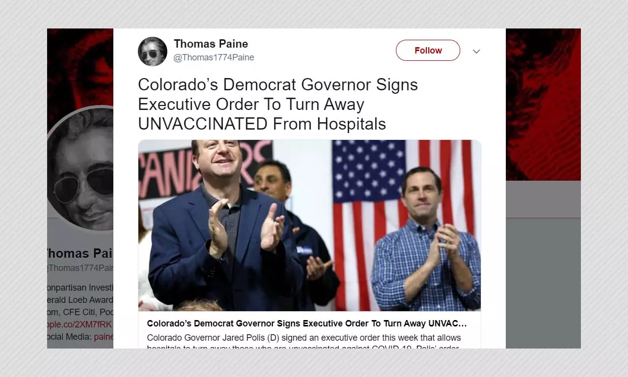 Colorado Governor Has Not Authorised Hospitals To Refuse Unvaccinated Patients