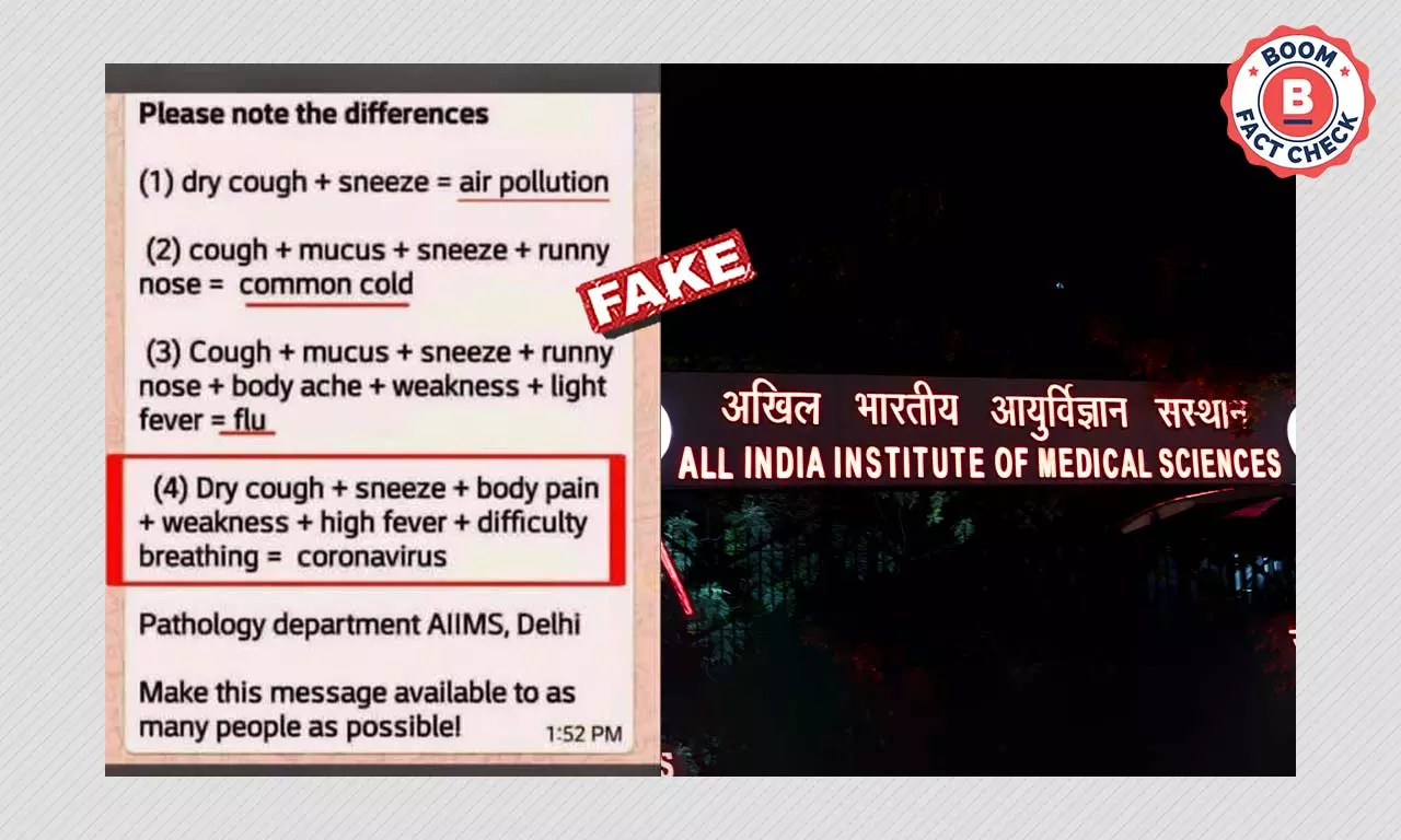 Message Identifying Symptoms For COVID Falsely Attributed To AIIMS