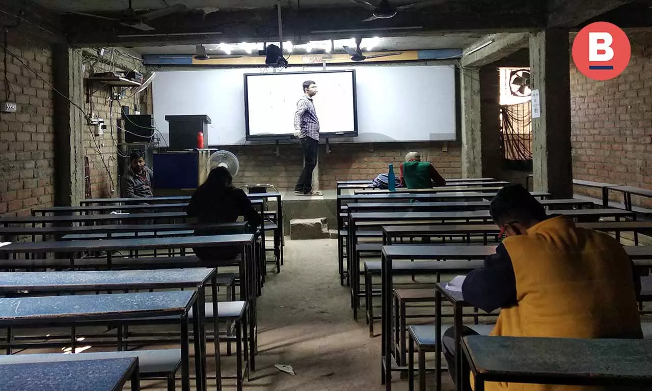 A teacher  taking an online class  at a coaching centre in Patna. Photo: Umesh Kumar Ray