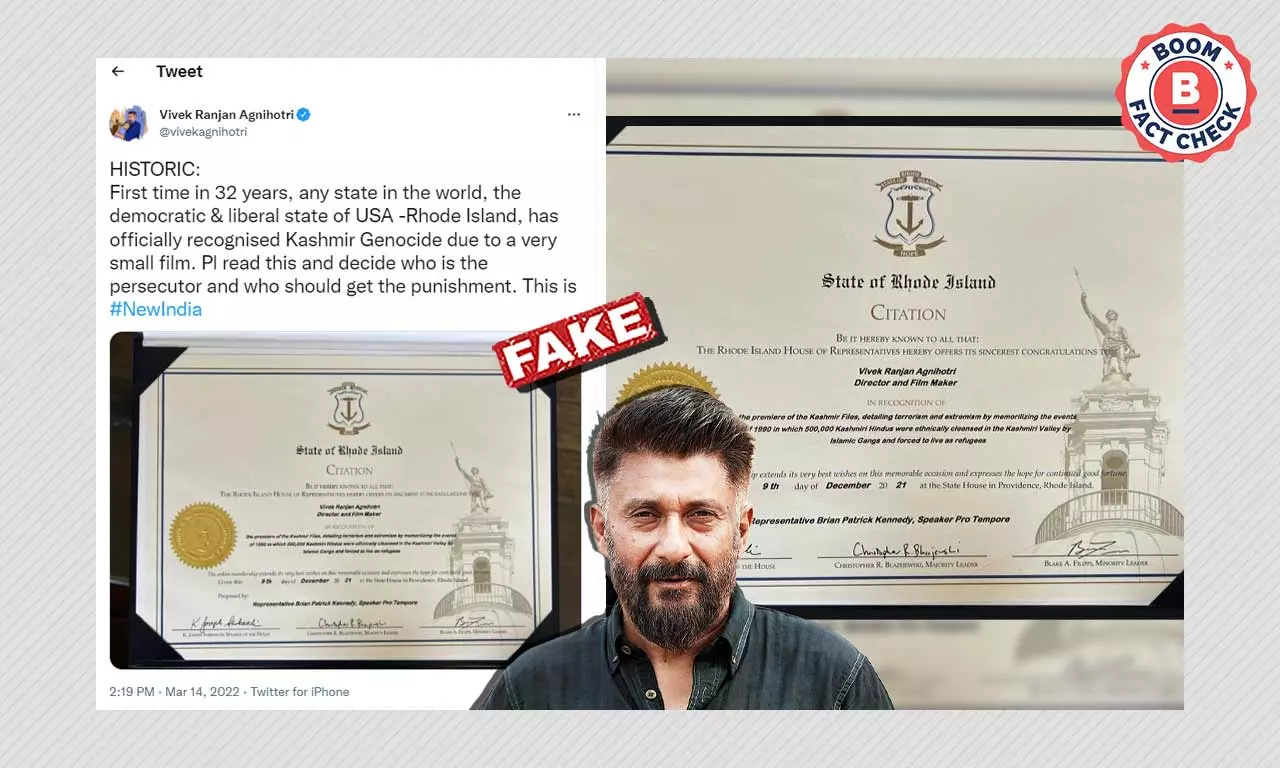 Vivek Agnihotri Falsely Claims Rhode Island Recognised The Kashmir Genocide