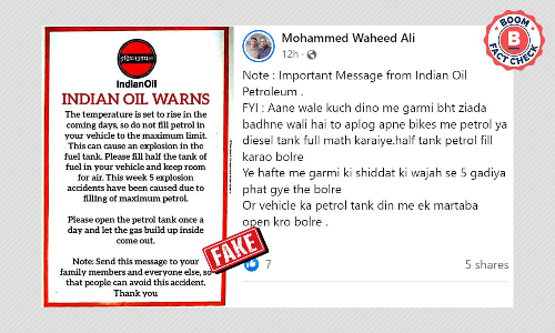 No, Indian Oil Corporation Did Not Warn Of Exploding Fuel Tanks In Summer