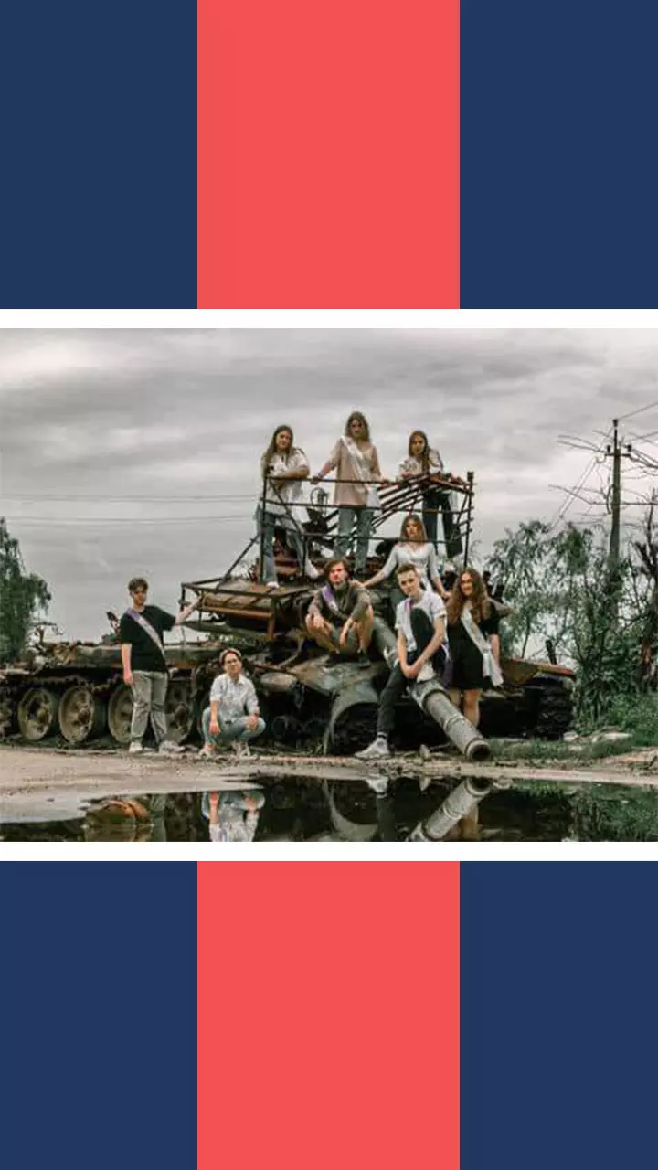 Ukrainian Teenagers Are Posing  In Front Of War-Torn Buildings For Group Photos