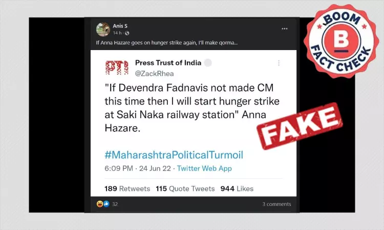 Parody PTI Handle Claims Anna Hazare Demands Fadnavis Be Made CM