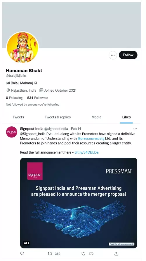 Screenshot showing Likes by the account Hanuman Bhakt Screenshot showing Likes by the account Hanuman Bhakt