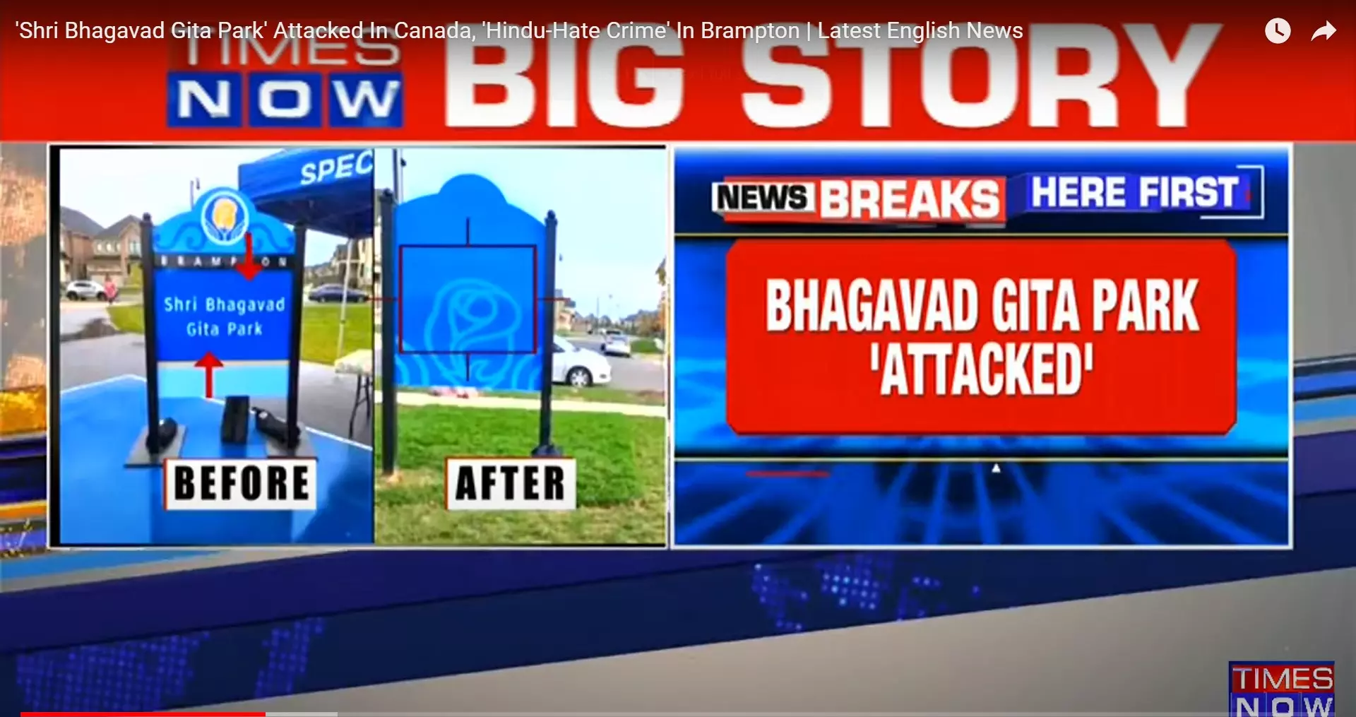 Screenshot of Times Now story claiming vandalism at the Bhagavad Gita Park in Brampton, Canada.