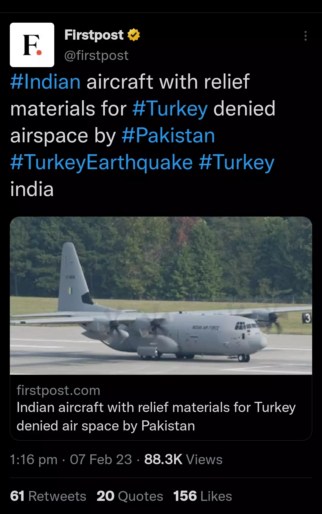 News Outlets Falsely Claim Pakistan Denied Entry To IAF Aid Plane To  Türkiye | BOOM