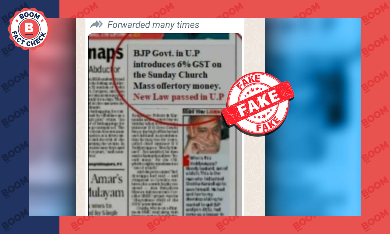 Morphed Newspaper Clipping Claiming GST Tax On Sunday Church Revived