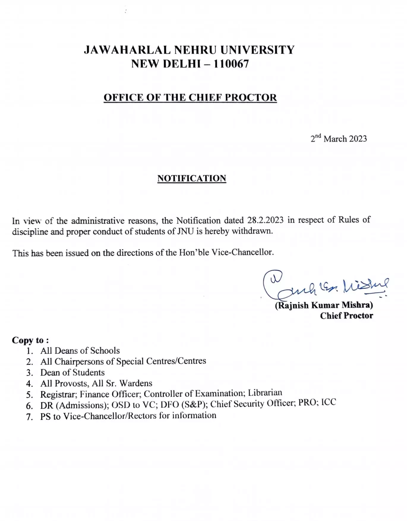 Notification issued by JNU on March 2