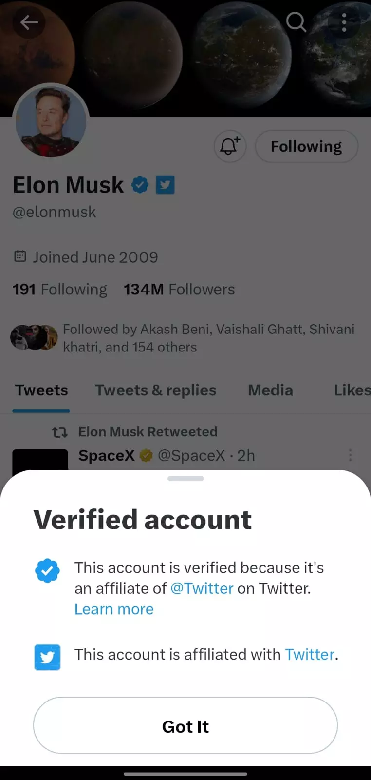 This account is affiliated with Twitter,  Elon Musks affiliate badge read.