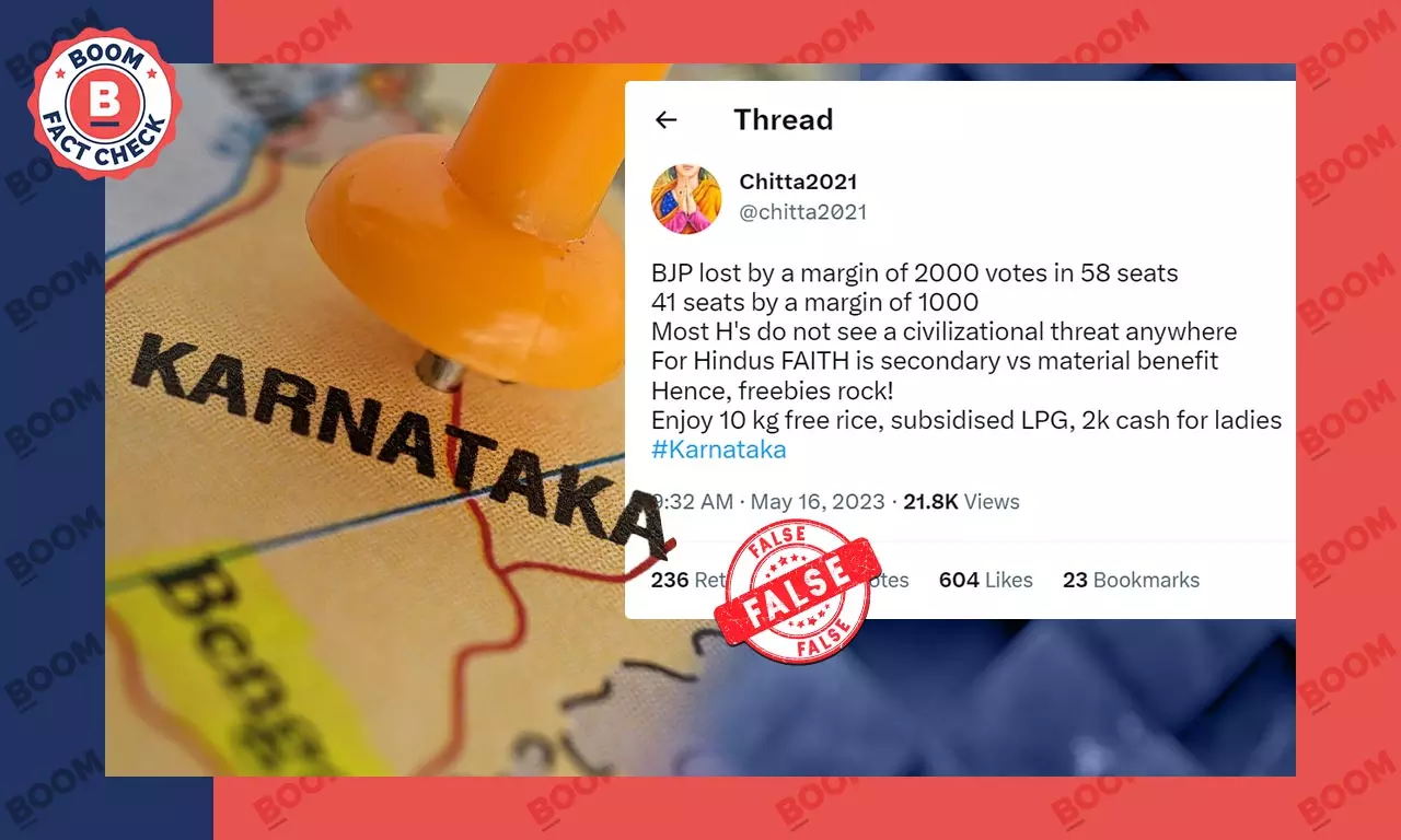 Claims Of BJP Losing 58 Seats In Karnataka By 2000 Votes False