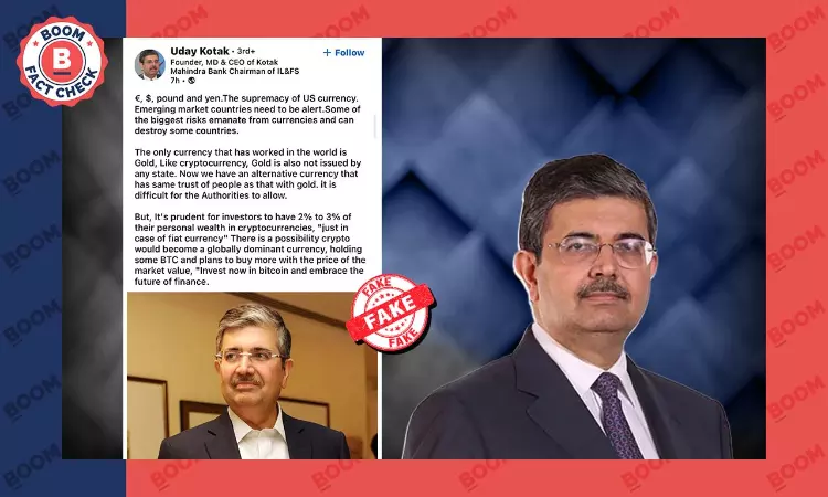 Uday Kotak Calls Out Impostor LinkedIn Account Promoting Bitcoin
