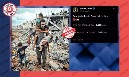 Image of Father Holding Children Amid Devastation Is AI-Generated