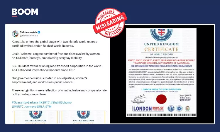 Siddaramaiah Cites Defunct World Record Certificate for Karnataka’s Shakti Scheme