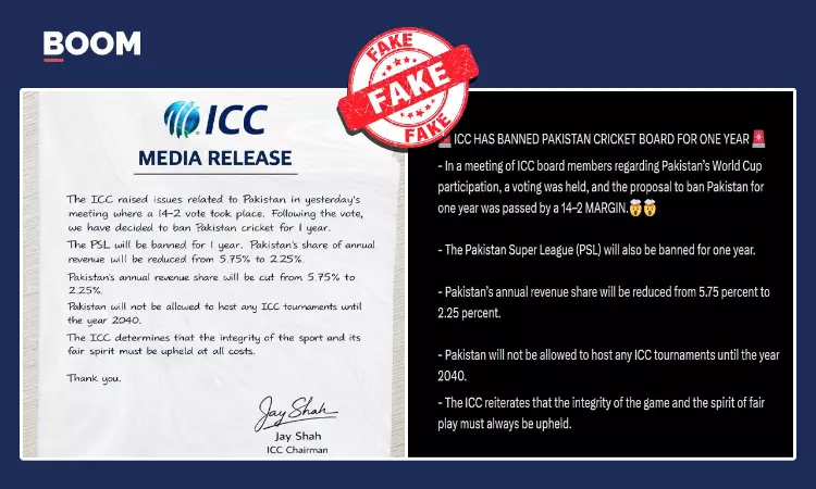 Viral Image Of ICC Media Release Banning Pakistan Over T20 WC Row Is Fake