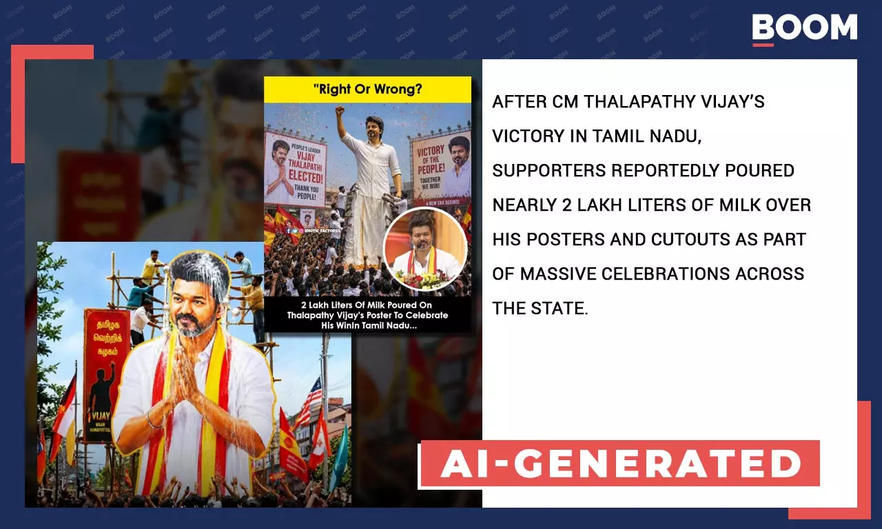 AI Images Peddled As TN CM Vijays Posters Bathed In Milk After TVK Win