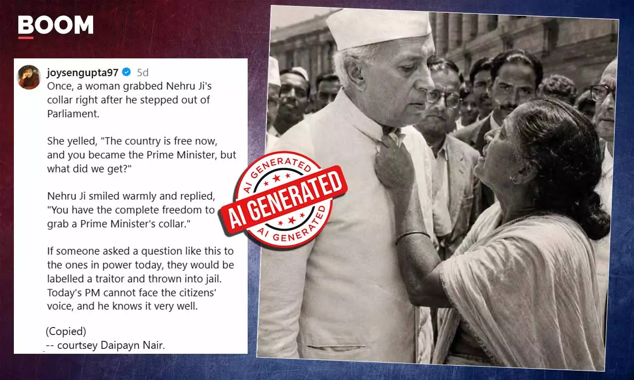 Viral Photo Of Woman Grabbing Jawaharlal Nehru’s Collar Is AI-Generated Viral Photo Of Woman Grabbing Jawaharlal Nehru’s Collar Is AI-Generated