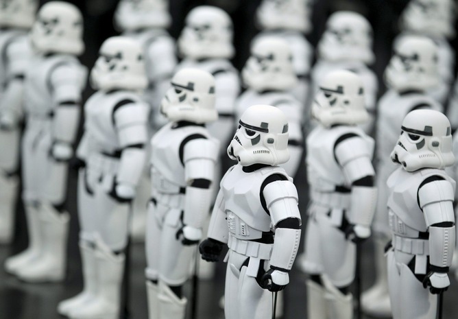 Stormtrooper figurines on display in an exhibition celebrating the 30th anniversary of Return of the Jedi in 2013. (Source: EPA/Juan Herrero)