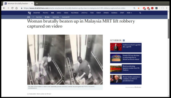 Screenshot of Straits Times article showing women being beaten up in KL Metro elevator