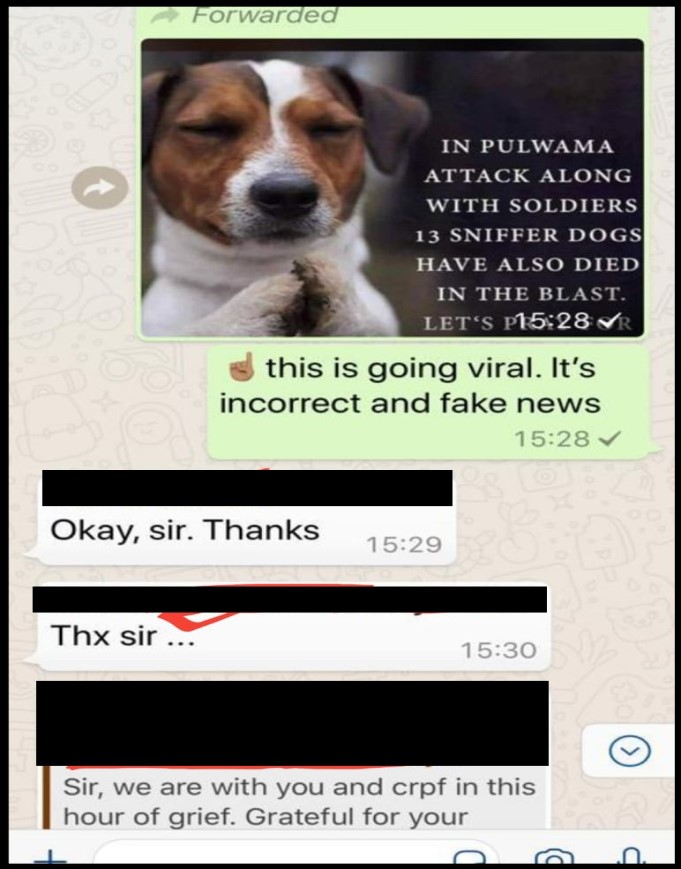 Screenshot of a WhatsApp message showing CRPF informing team members about a fake post. Screenshot of a WhatsApp message showing CRPF informing team members about a fake post.