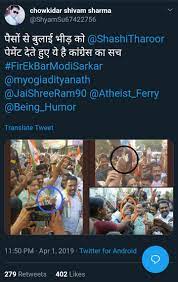 Tweet claiming that Tharoor is distributing money