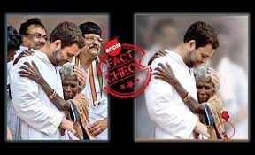 Photograph shows and old woman hugging Rahul Gandhi