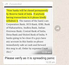 Image shows WhatsApp forward claiming shutdown of nine PSU banks.