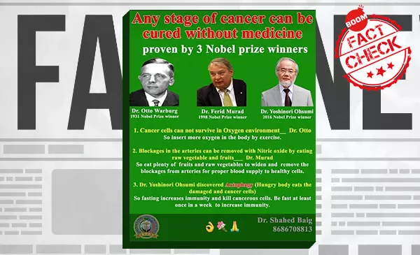 Nobel prize winners did not say cancer can be cured without medicines